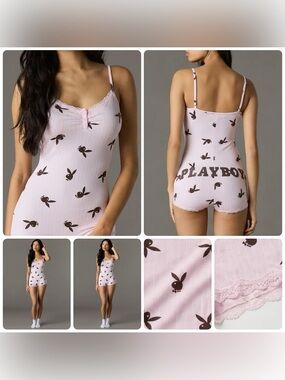 PLAYBOY Pink Bunny-Print Lace-Trim Sleep Romper